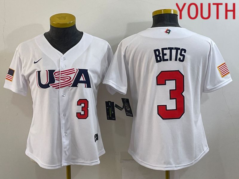 Youth 2023 World Cub USA #3 Betts White MLB Jersey5->youth mlb jersey->Youth Jersey